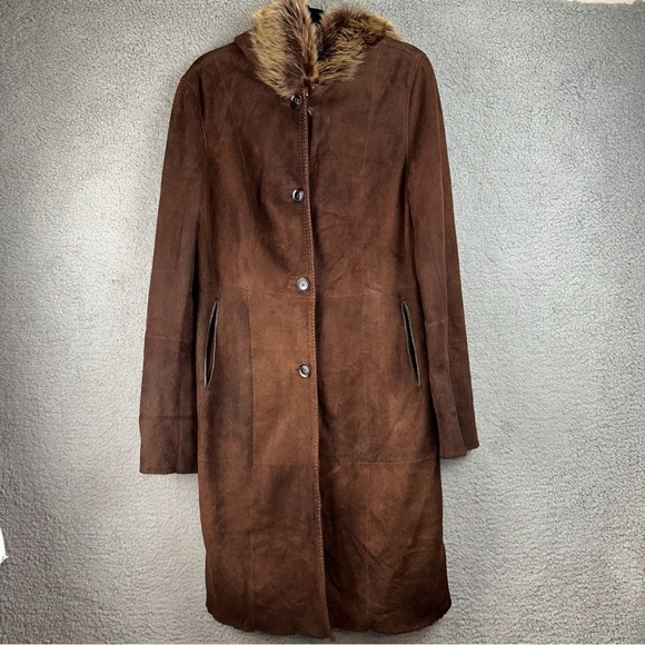 Artico Jacket Womens 8 Brown Original Shearling Leather Suede Long Trench Coat - Picture 1 of 13